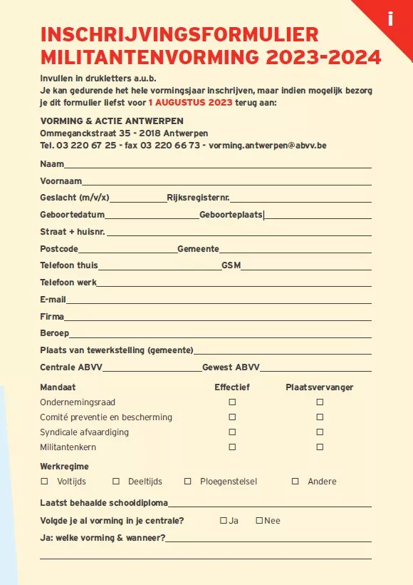 Inschrijvingsformulier syndicale vorming Antwerpen 2023-'24